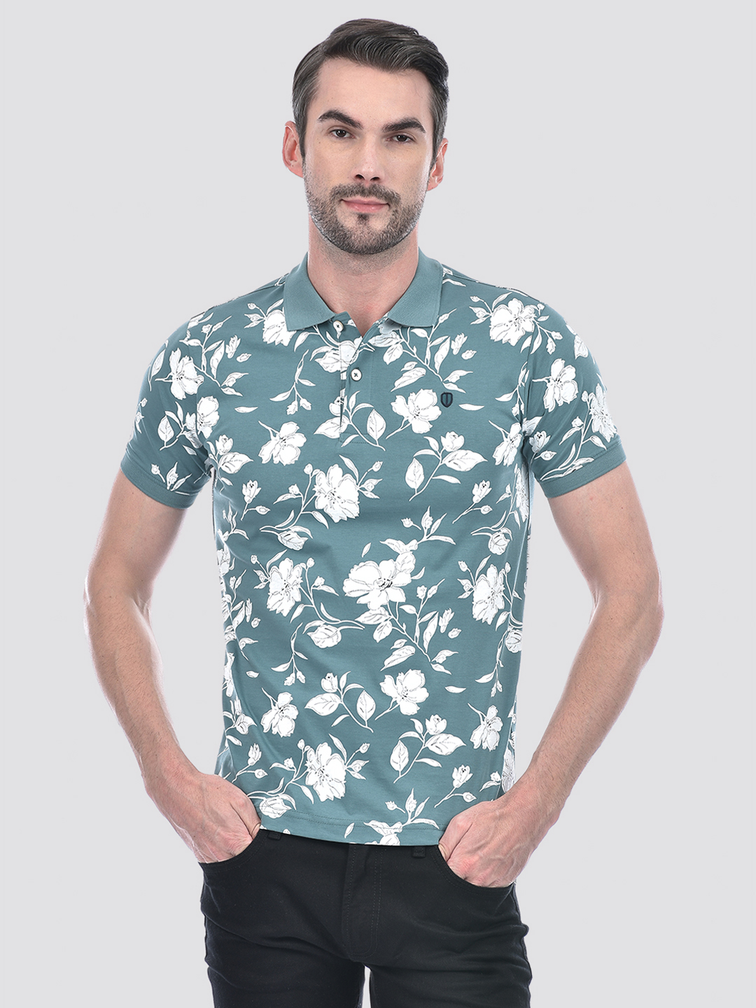 Numero Uno Men Teal Floral Polo T-Shirt